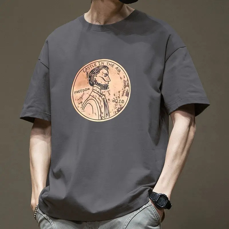 Summer Short sleeved Mens Fashion Casual Printed Cotton British Loose Round Neck Retro T-shirt Top 250321