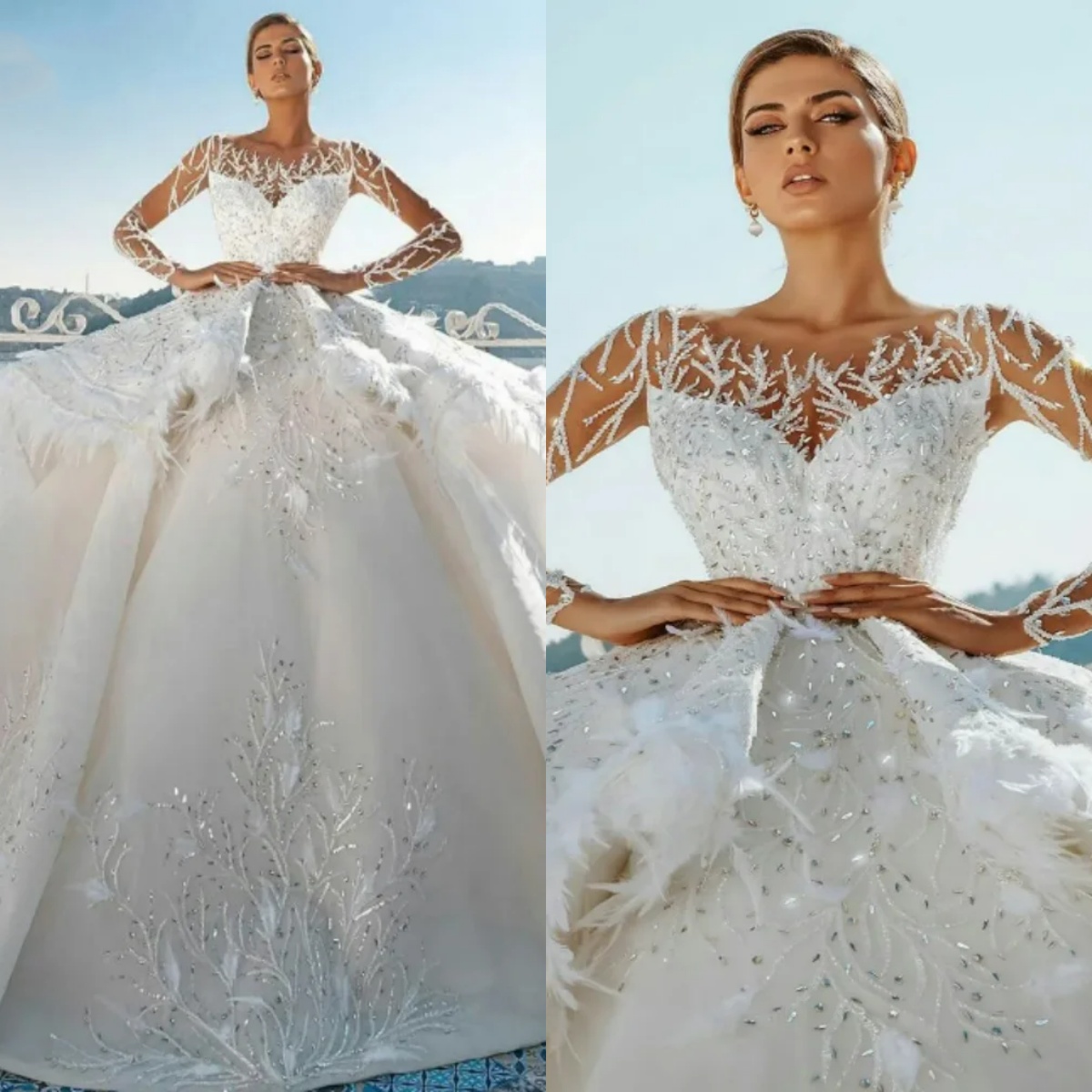 Gorgeous Ball Gown Wedding Dress Jewel Neck Long Sleeves Bridal Gowns Sequins Feather Sweep Train Dresses Custom Made vestidos de novia