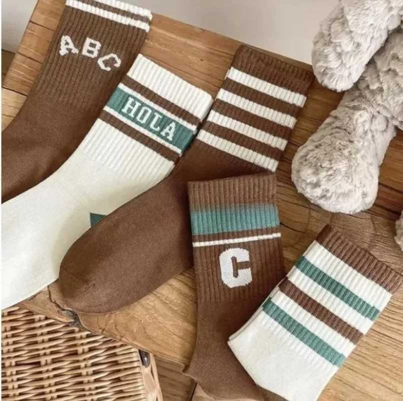5 pairs/set of sports socks for autumn children boys and girls fashionable Korean coffee beige colored letter socks autumn spring soft cotton school s
