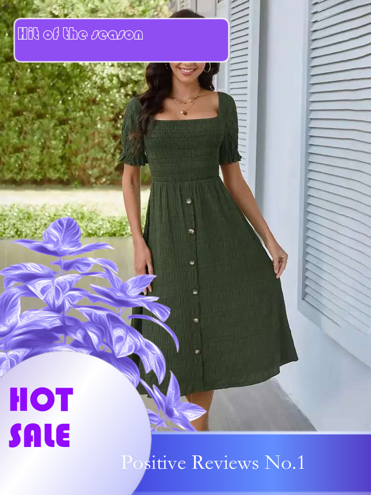 Dongdumaoyi Lente Zomer Elegante Korte Mouwen Knoopversierde Geplooide A Lijn Maxi Jurk Met Pofmouwen Model A