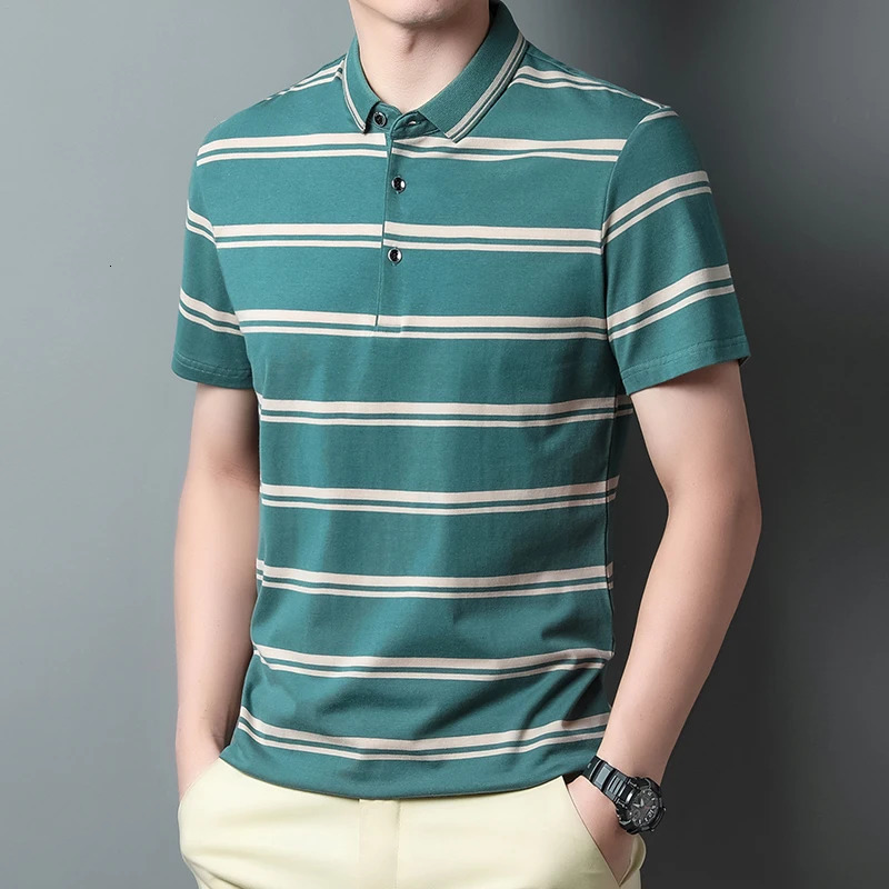 Summer mens polo shirt pure cotton short sleeved T-shirt thin striped business casual breathable pleated top 250321