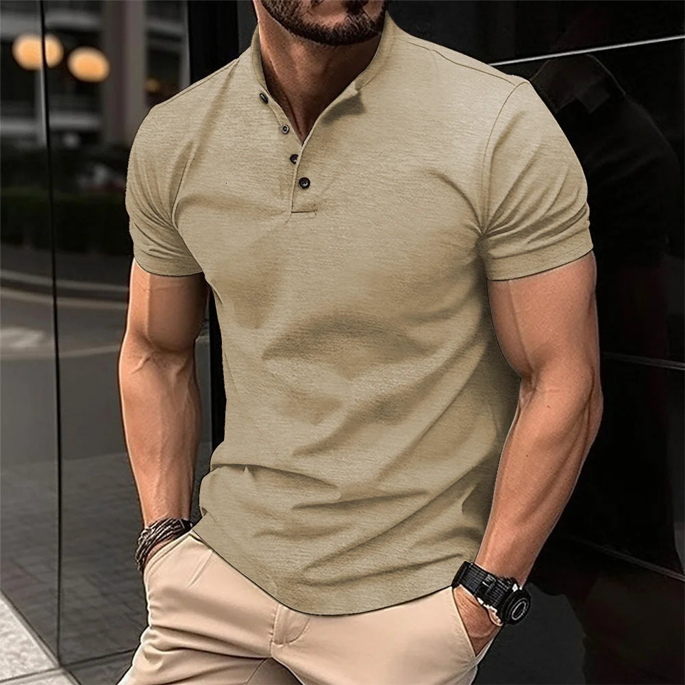Trend Fashion Men Clothing Polo Shirts Summer Stand Collar Solid Button Smart Casual All-match Short Sleeve Slim T-shirt Top 250321