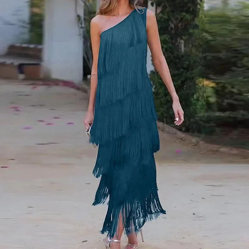 Elegant Asymmetric Slim Evening Dress Fashion Tassel Club Party Lady Sexy Diagonal Collar Sleeveless Tank Long 250320