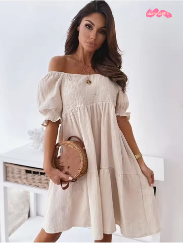 2025 Spring Summer Women's Casual Off-Shoulder Dress with Ruching, Bubble Sleeves, Midi-Length, Stretchy, Elegant Ruffles ddmySept