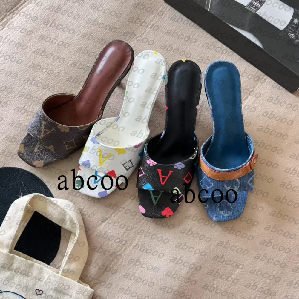 Designer Heels Womens Slides Sandals Mid Heel Neo Revival Mules Slippers Denim Blue Ebony Browm Abcoo Ladies Luxury Leather Sandal Women Outdoor Fashion Slipper