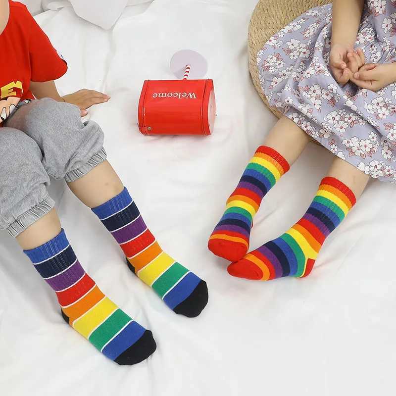 1 pair of rainbow socks suitable for children spring and summer colorful stripes breathable cotton for girls and boys tube socks school principal sock