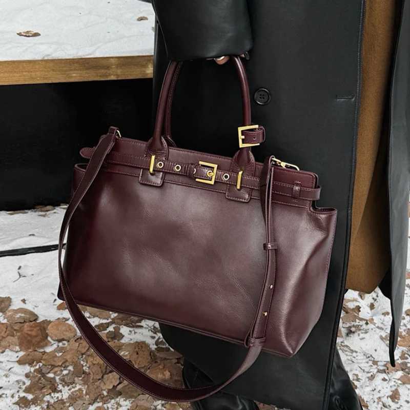 Real leather large capacity Burgundy womens designer luxury shoulder bag fashionable buckle handbag cross body bag Y250320