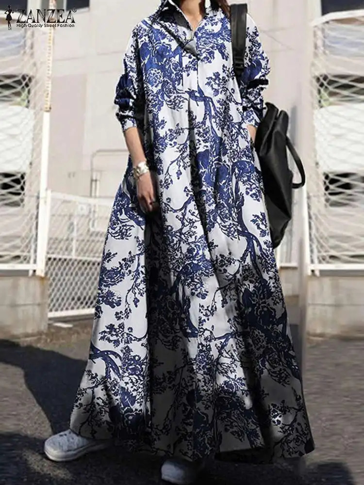 Autumn Maxi Sundress ZANZEA Vintage Long Shirt Dress Women Floral Printed Cotton Long Sleeve Vestidos Female Holiday Robe 250322