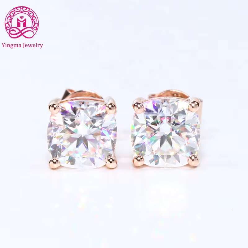 Fine14K Solid Jewelry 6mm 1ct Version Total 2 Carat Per Pair Cushion Cut Rose Gold Moissanite Studs Earrings