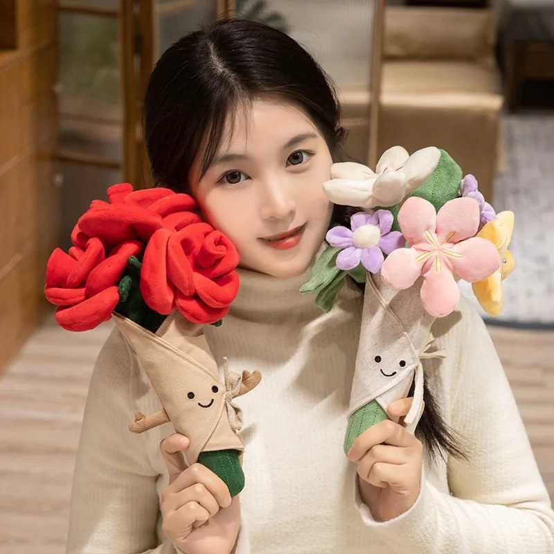 Cartoon Rose Pillow Plush Doll Tulip Bouquet Holding Flowers Cute Fun Valentines Day Gift Soft Toy for All Ages X250322