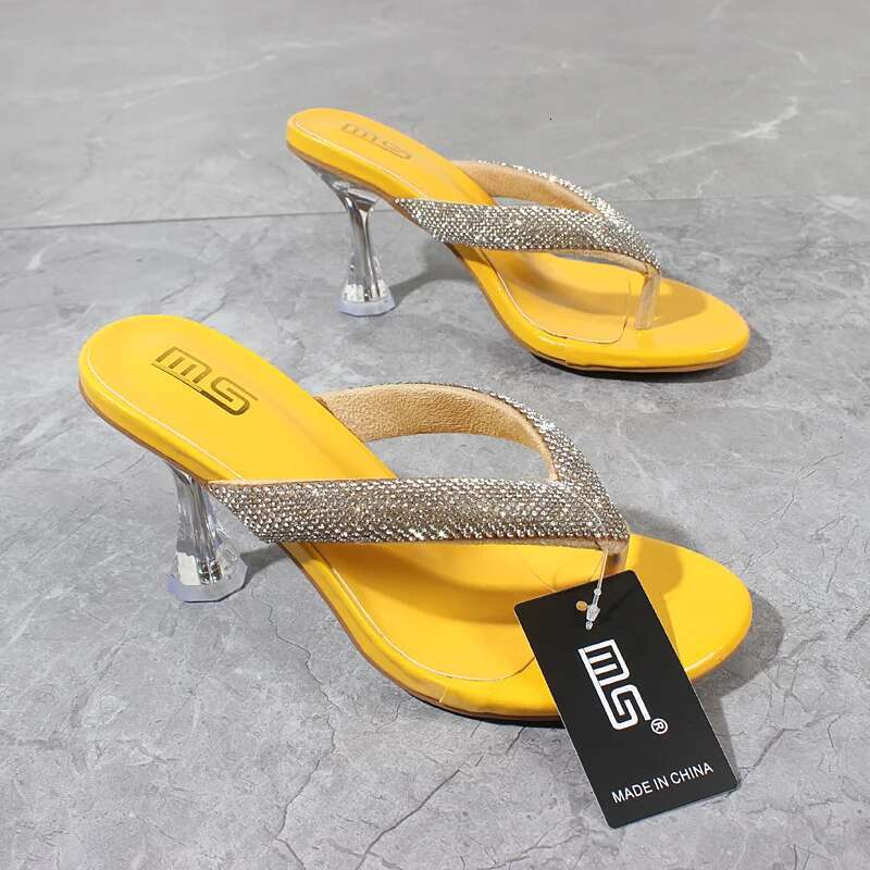 Women's Modern Slippers Summer New Patent Leather Crystal Clip Toe High Shoes Fine Heel Yellow Outside Fashion Women Slides