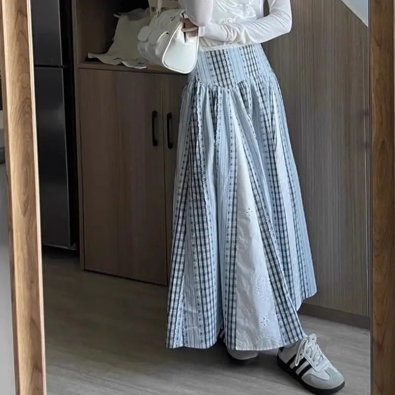 Wedbleser Sweet Printed Patchwork Striped Midi Skirt Womens Summer Casual Style High Waist A-line Long Skirts 250319