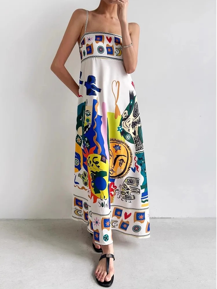 Retro Graffiti Printed Suspender Dress WomenS Summer Sense Of National Wind Tube Top Dress 250322