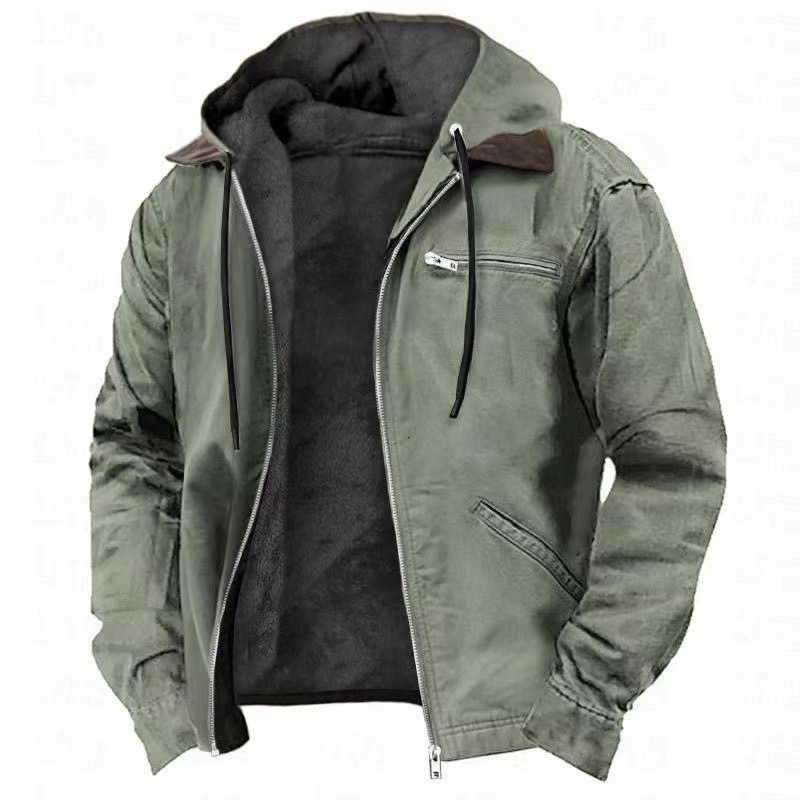 casual mens solid color hooded jacket with velvet zipper pocket jacket 240703