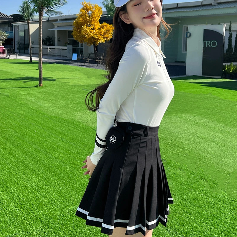 2025 Golf Women Clothing Striped Long Sleeve Shirts Button Collar Sports Tops Spring Pleated Short Skirt Set Korean Tennis Skort 250321