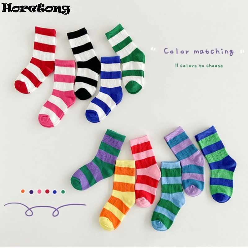 Horetong 3 pairs/batch summer childrens socks 1-12 years old for boys and girls baby cotton fashion breathable stripes contrasting color socks X250322