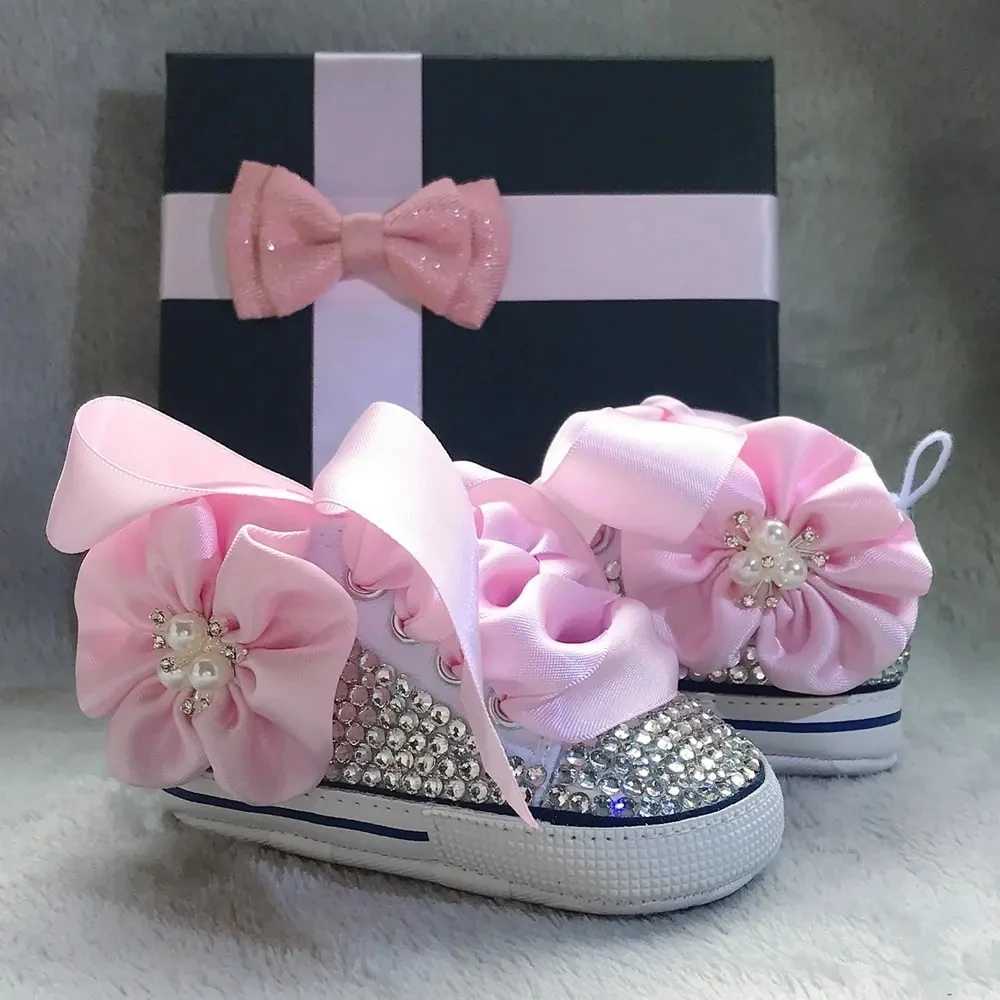 Dollbling Bling Rhinestones baby canvas white ribbon hair bow headband gift Keepsake birthday newborn baby crib shoes pearl X250322