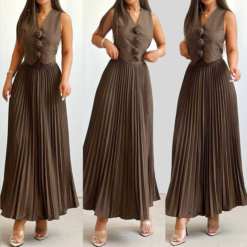 Summer Elegant Women Two Piece Skirt Set Sexy Y2K Sleeveless Floral Vest Top Shirt High Waist Pleated Maxi Skirt Suit Outfits 230606