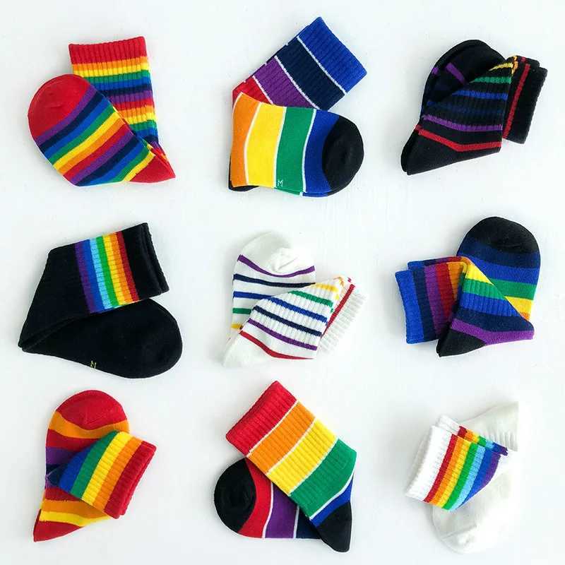 1 pair of rainbow socks suitable for children spring and summer colorful stripes breathable cotton for girls and boys tube socks school principal sock