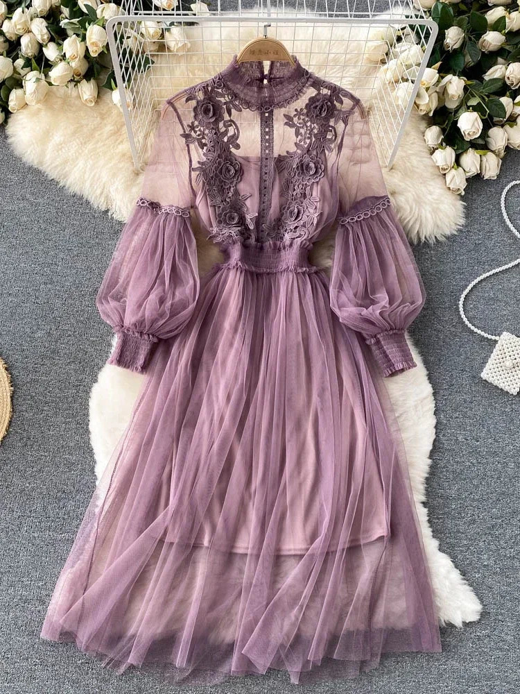 Ladies Dress Three-dimensional Flower Hook Mesh Temperament Stand Collar Lantern Sleeve High Waist Slim Female Dresses 250322