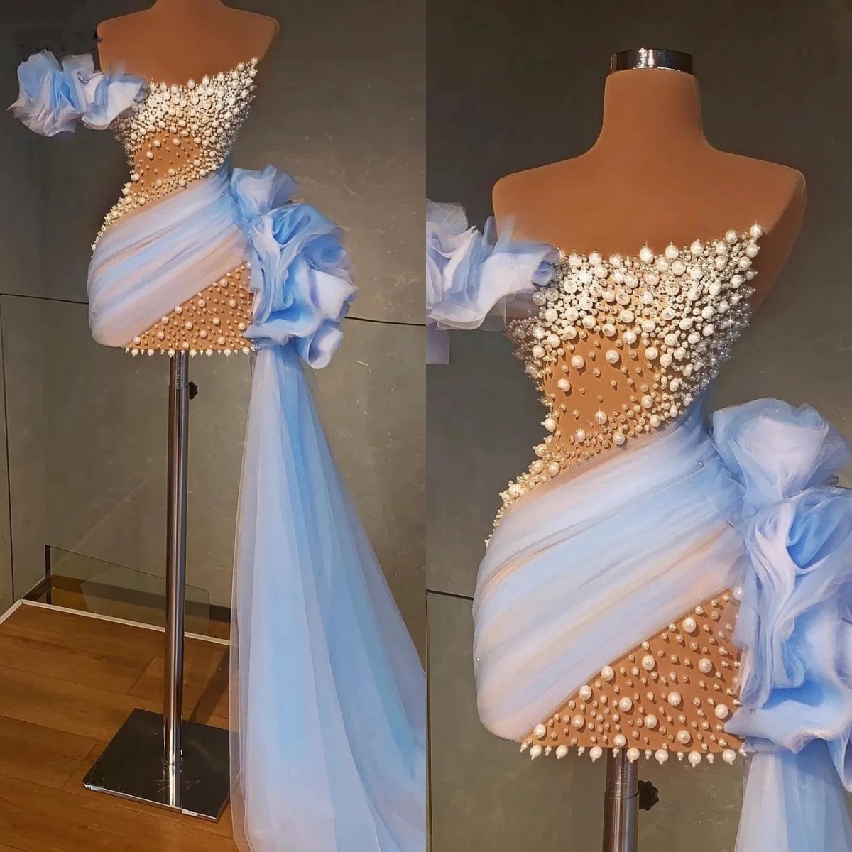 Designer Mini Evening Dresses Sheer Neck One Shoulder Gown See Through Pearls Beaded Ruffles Sweep Train Dress Party Customized