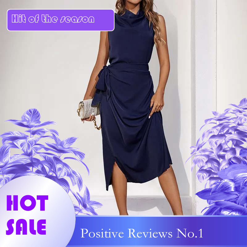 Dongdumaoyi Nieuwe Zomer Grensoverschrijdende Halflange Tie Taille Gedrapeerde Hals Mouwloze Effen Kleur Damesmode Jurk