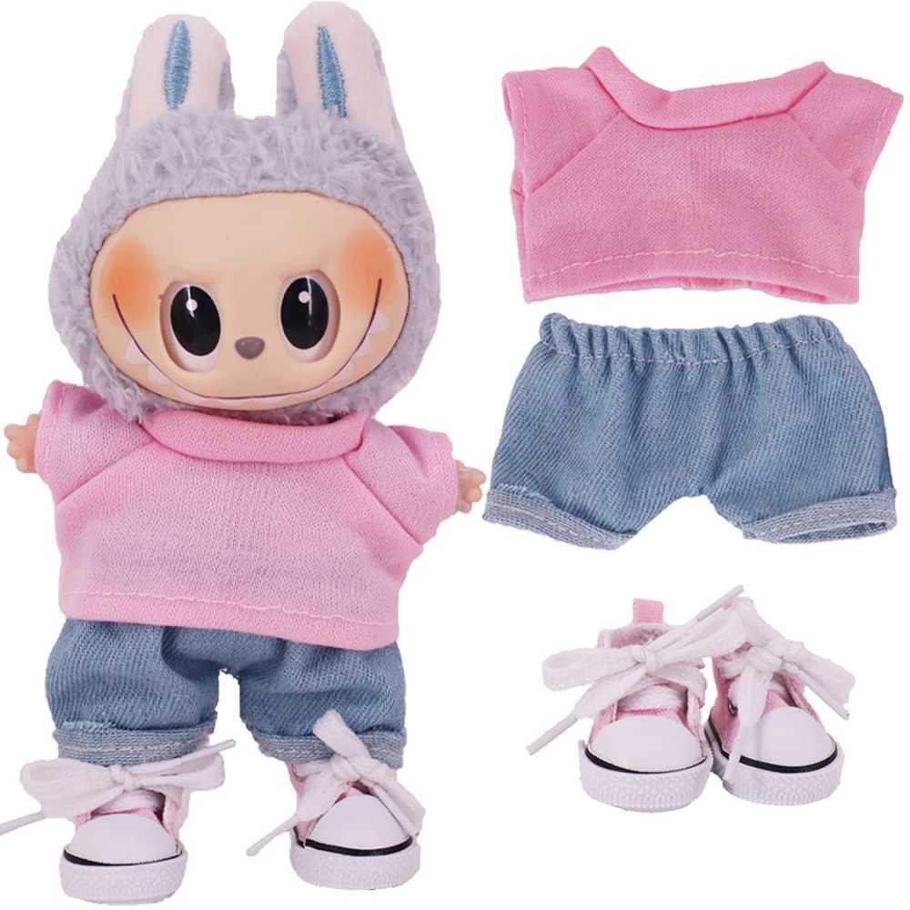 17cm Labubu T-shirt+jeans+canvas shoes=3-piece set mini plush doll clothing accessories girls toys Z250322