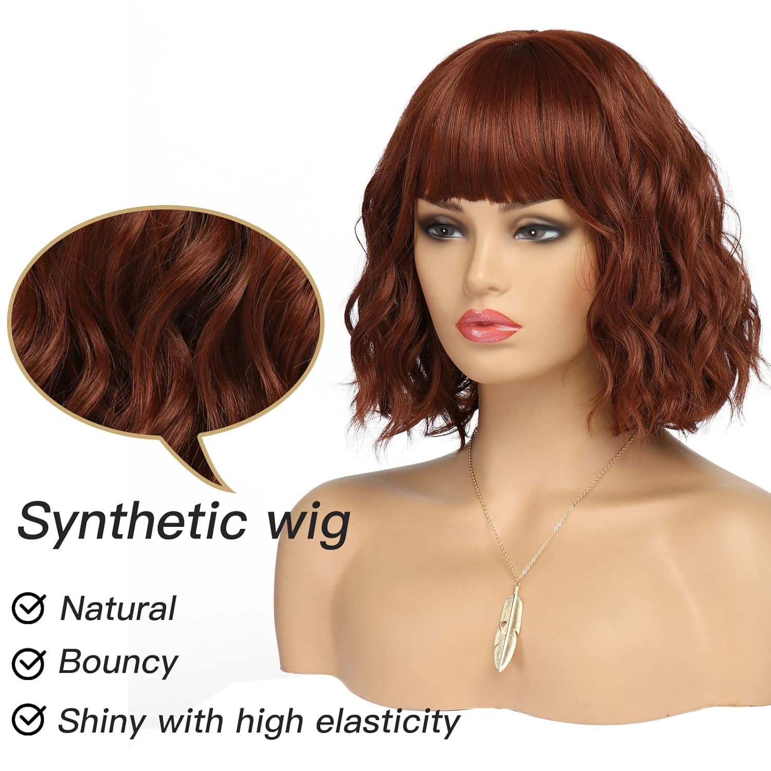 Short Auburn Wigs for Women Dark Ginger Wig with Bangs Brown Wigs Curly Hair Medium Length Synthetic Bob Wig Wavy Colorful Wigs