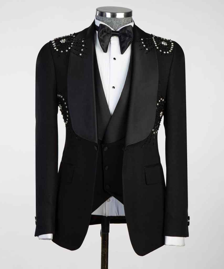 Exquisite New Fashion One Piece Black Spring Summer Men Suits Set Blazer With Shawl Lapel Beads Sequins Customized Groom Wedding Tuxedo Formal Prom Ja