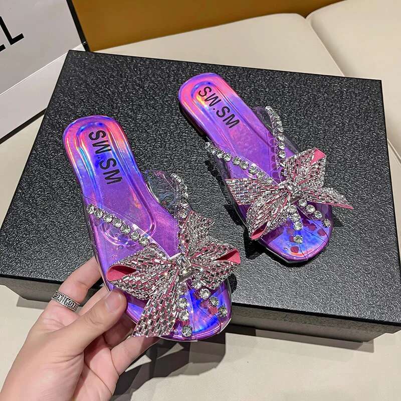 Bow Crystal Women's Slippers 2025 New Fashion Flat Shoes Sandals Elegant Formal Shoes Designer Women's Summer Slippers Women's Outdoor 