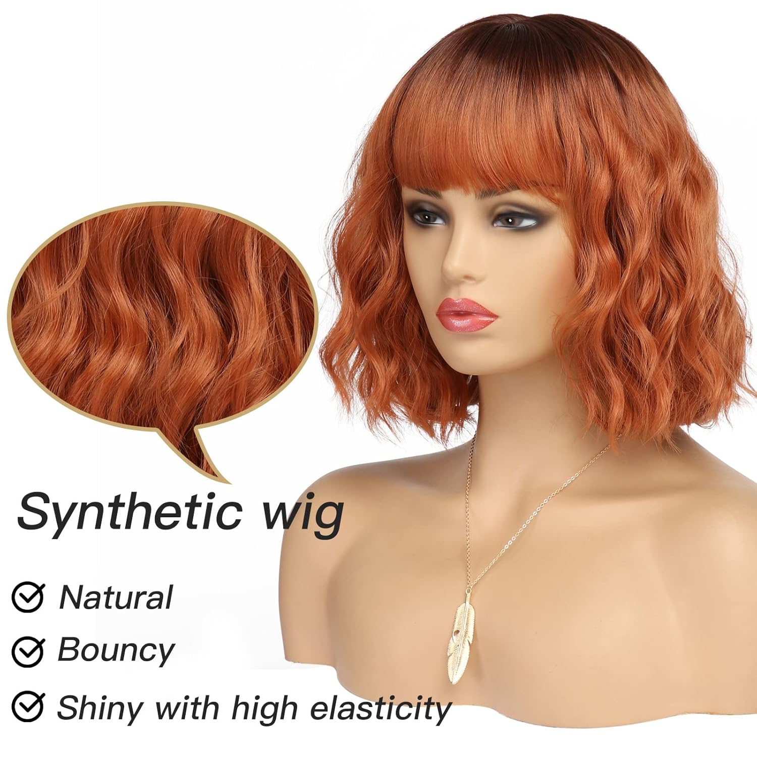 Short Copper Red Wigs for Women Fox Red Wig Ombre Red Dark Root Culy Bob Wigs with Bangs Ginger Hair Wig Wavy Synthetic Wigs(12Inches)