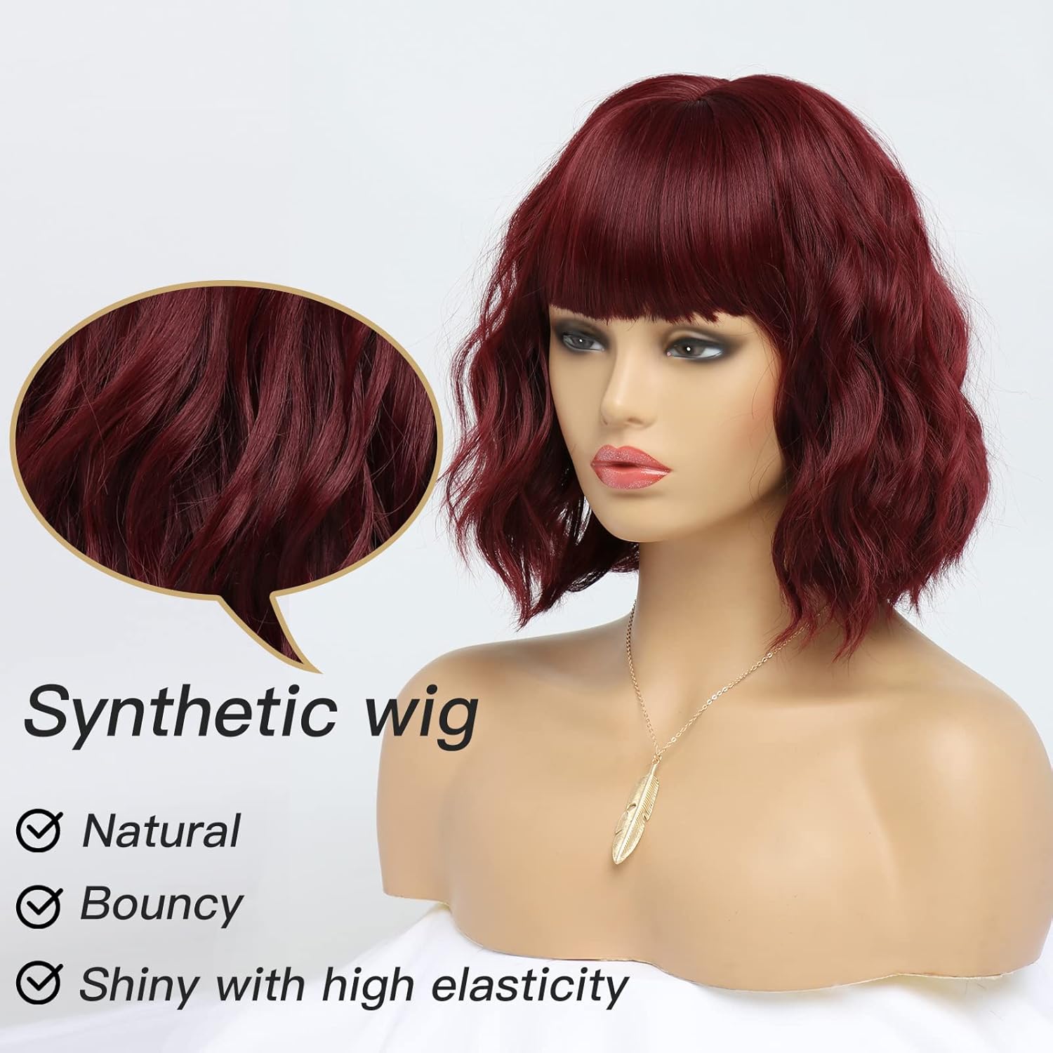 Short Burgundy Wigs for Women Wine Red Wavy Wig with Bangs,Dark Red Bob Wig Synthetic Hair Water Wave Medium Length Colorful Wigs