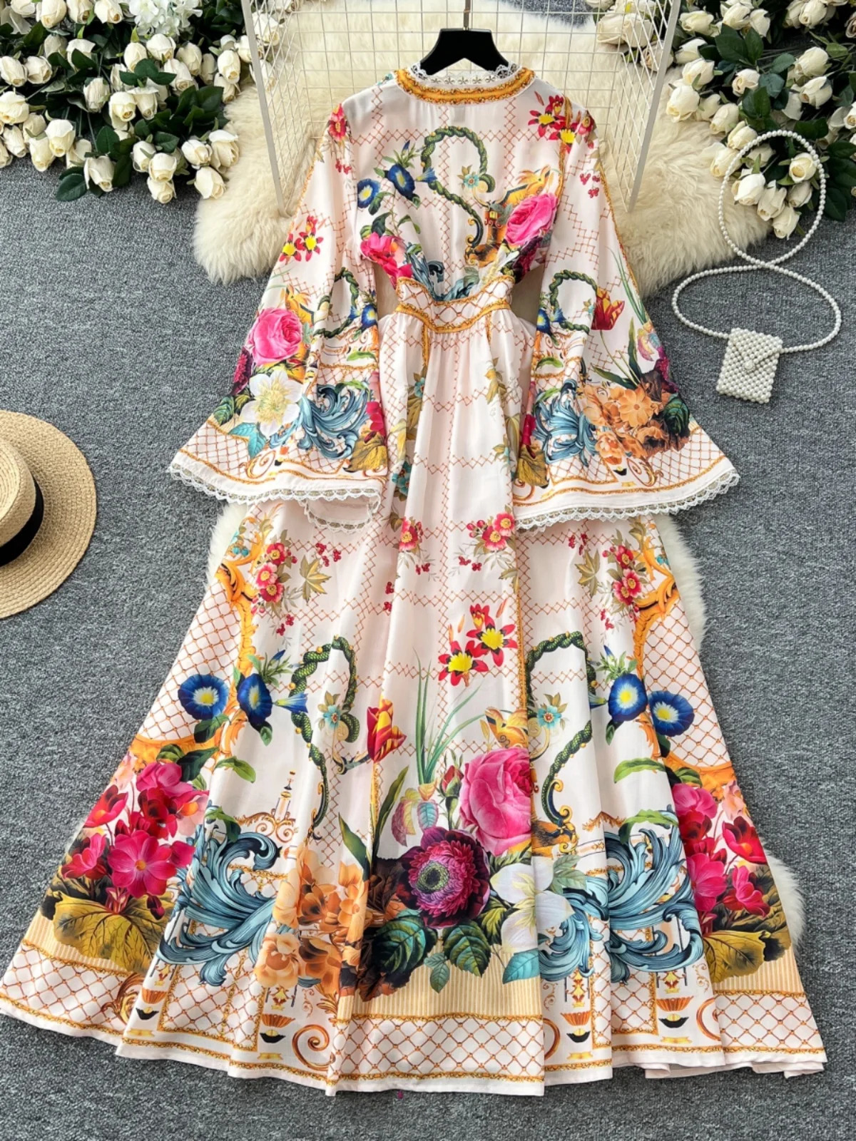 Elegant Floral Long Maxi Dresses Shirt Women Lantern Full Sleeve National Trench Print Single Breasted Lace Neck Party Vestidos 250322