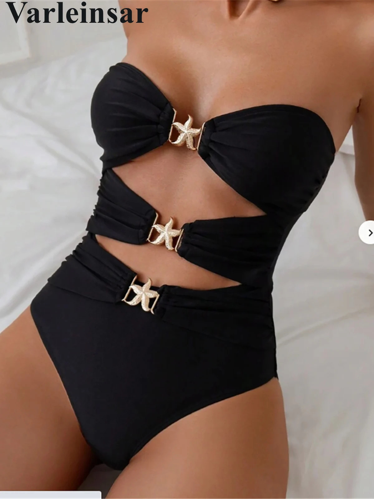 XS - XXL Bandeau Metal Stars High Leg Cut Out Women Swimwear One Piece Swimsuit Female Full Back Bather Bathing Suit Swim V6464 250317