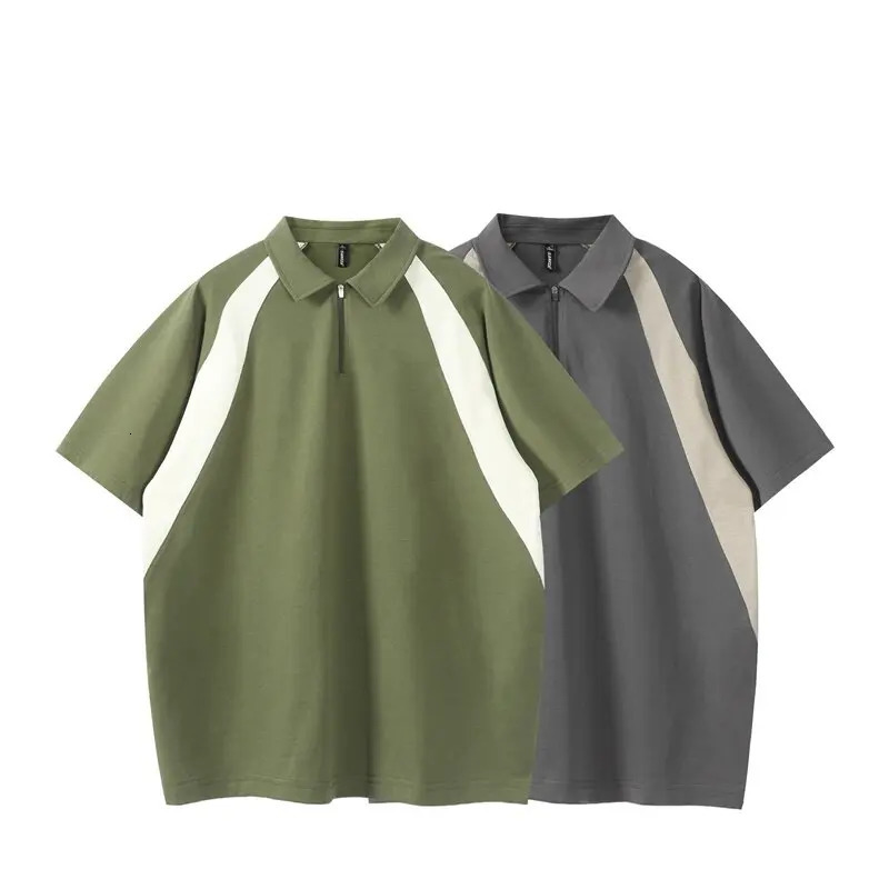 Mens Summer Splice Fashion Short Sleeve T-shirt Cityboy Streetwear Retro Loose Casual Zipper Polo Shirts Mens 250321