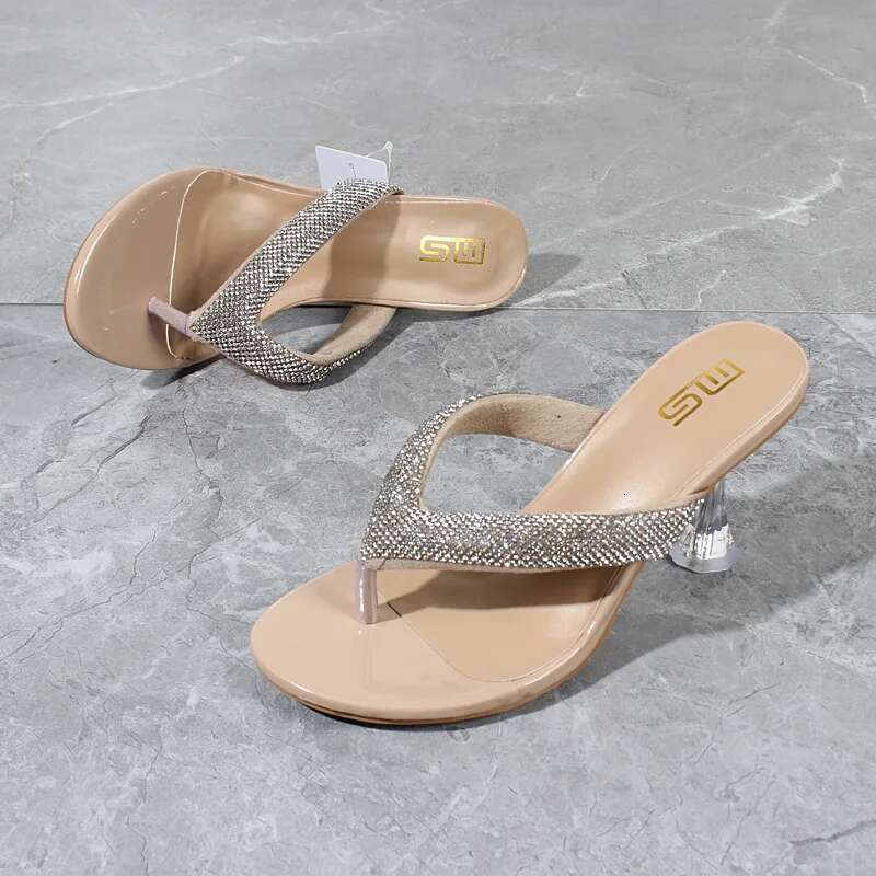 Women's Modern Slippers Summer New Patent Leather Crystal Clip Toe High Shoes Fine Heel Yellow Outside Fashion Women Slides