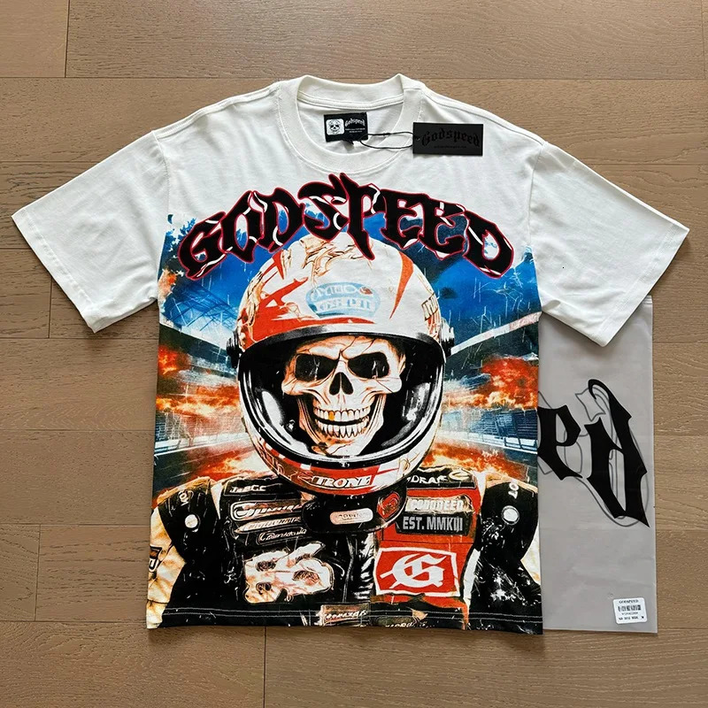 Godspeed short sleeved mens unisex abstract color skull print Godspeed retro style fashionable streetwear cotton T-shirt 250321