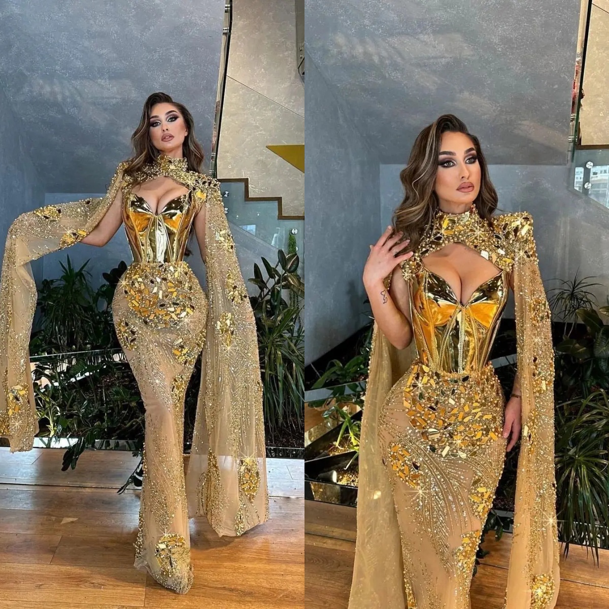 Evening Dresses High Collar Long Sleeves Gow Sequins Appliques Sweep Train Party Customized Dress