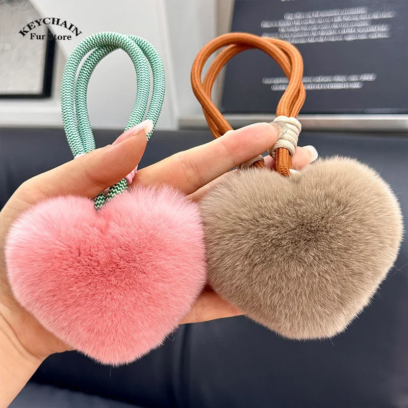 Natural Fur Heart Ball Charm Keychain Women Girl Creative Soft Bag Pendant Cute Plush Toys Keychain Valentines Day Gifts 250319