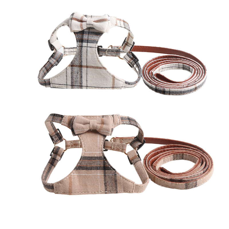 Dog Harness Leash Set with Bow for Small Dogs, British Plaid Lined with Suede Material No Pull Dog Step in Adjustable Dog Harness Set for Walking, Run
