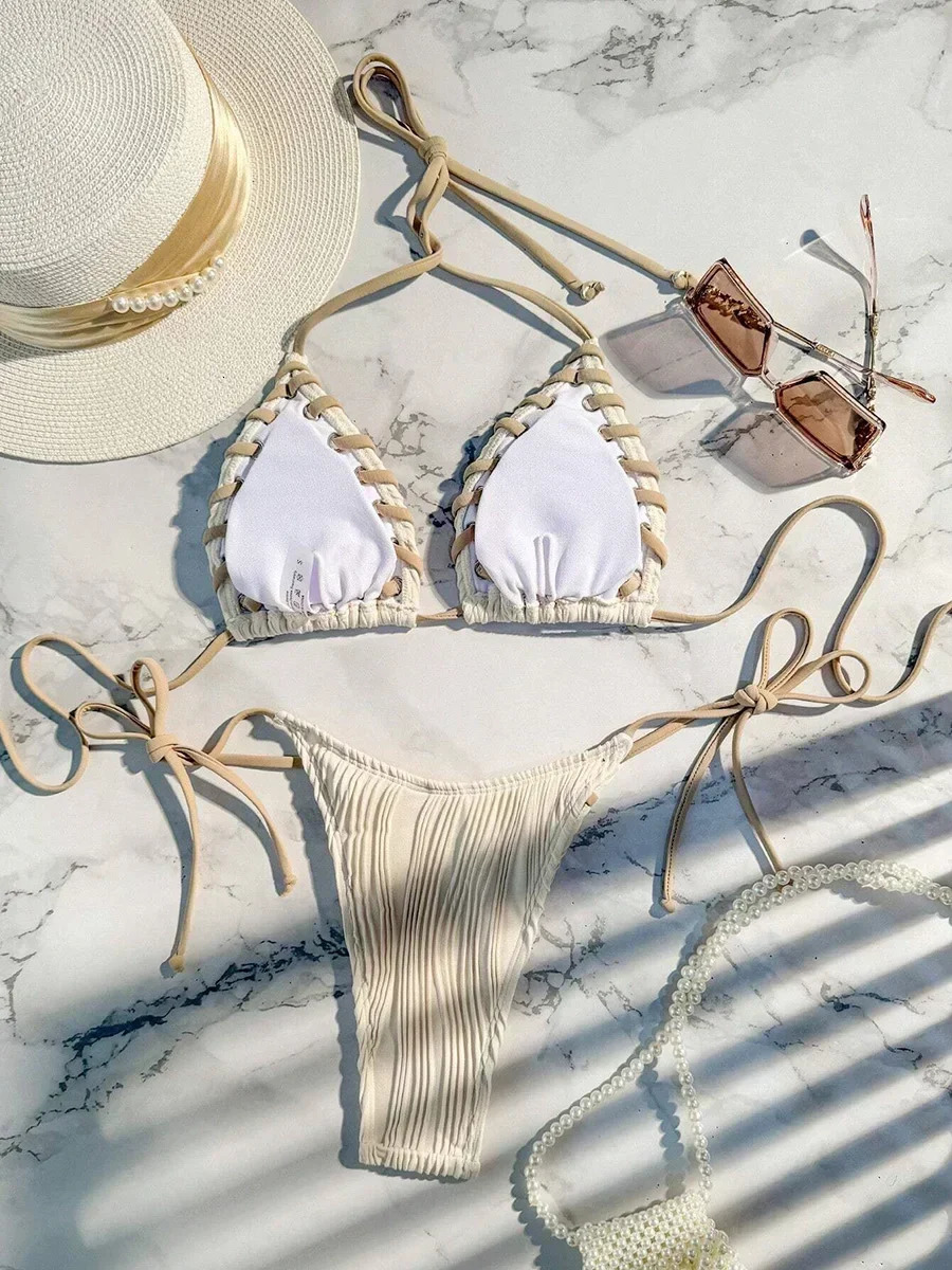 2025 Halter Wrinkled Weave Bikini Women Swimwear Female Swimsuit Two Pieces Bikini Set Brazilian Bathing Suit Swim Beach Wear 250317