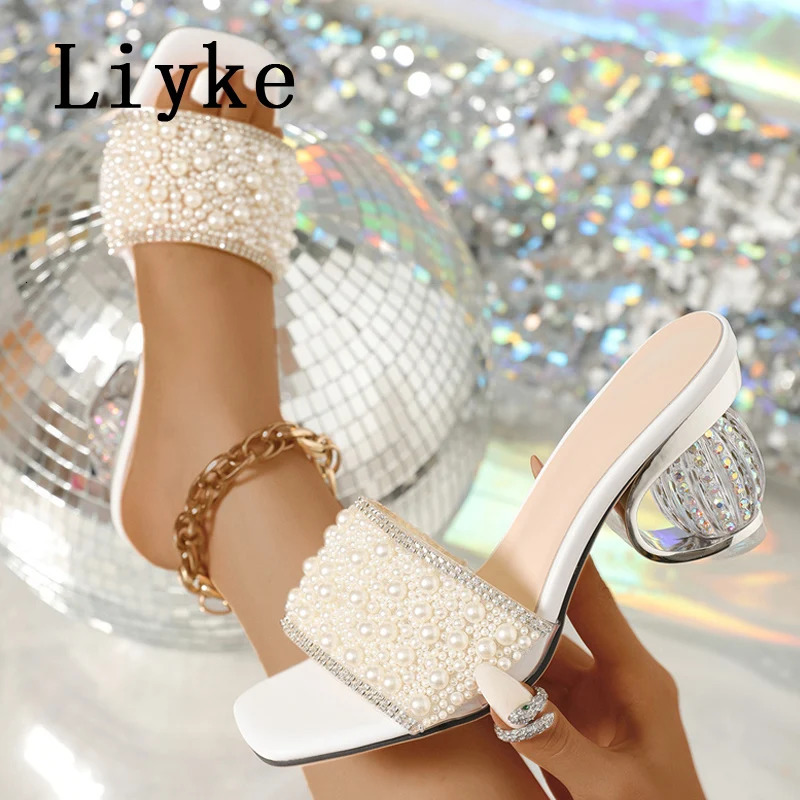 Liyke Size 36-42 Women Summer Party Slippers Fashion White Pearl Sandals Female Shoes Strange High Heels Mules Slides 250321