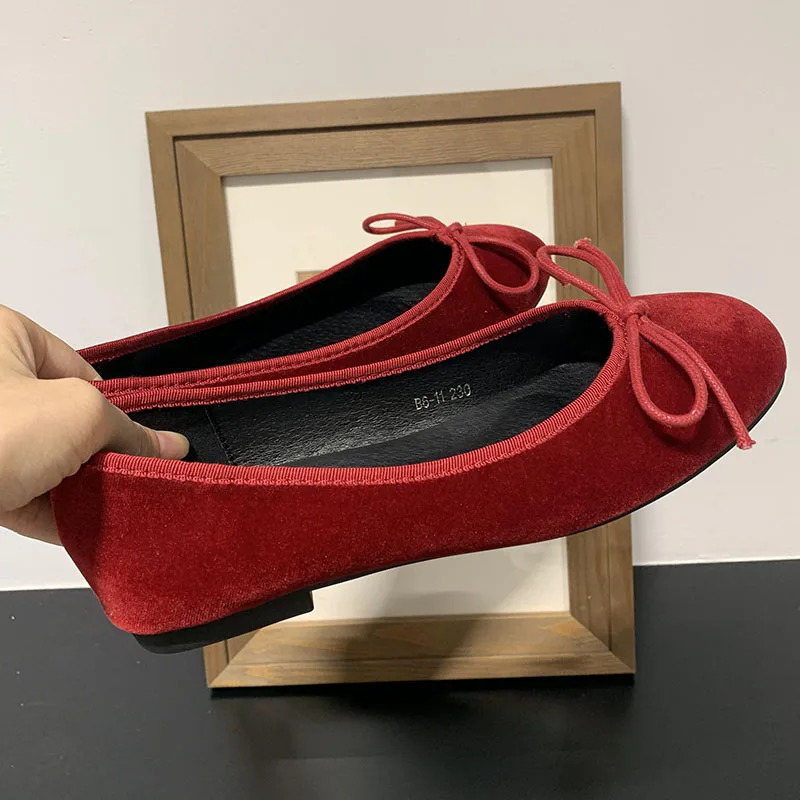 Red Fashion Silk Footwear Women Ballet Flats Shoes Shallow Female Round Toe Butterfly-Knot Ladies Flats Slides Shoes 250322