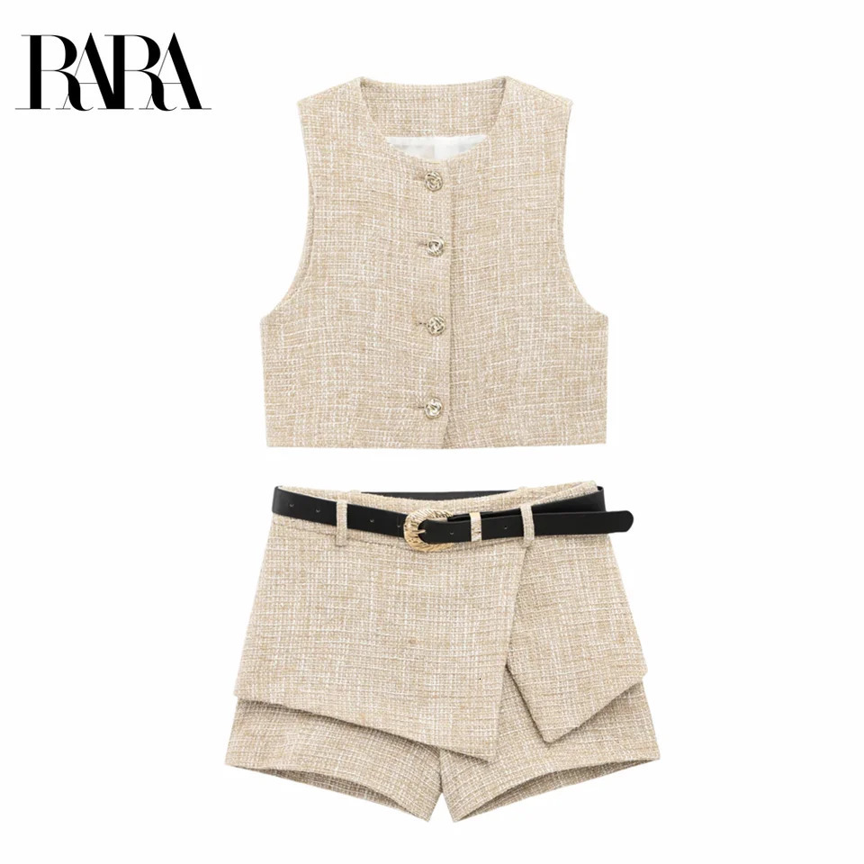 RARA 2025 Womens Sleeveless Button Front Vest and Asymmetrical Shorts Set with Decorative Belt for a Stylish Chic Look 250322