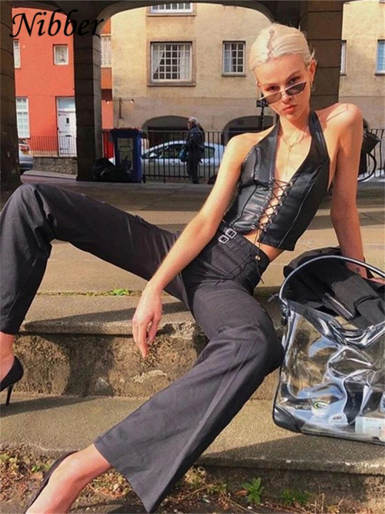 Nibber Sexy Punk Y2K Black PU Leather Crop Top Womens Backless Camisole Summer Vest Fashion Club Wear Tank Tops 250322