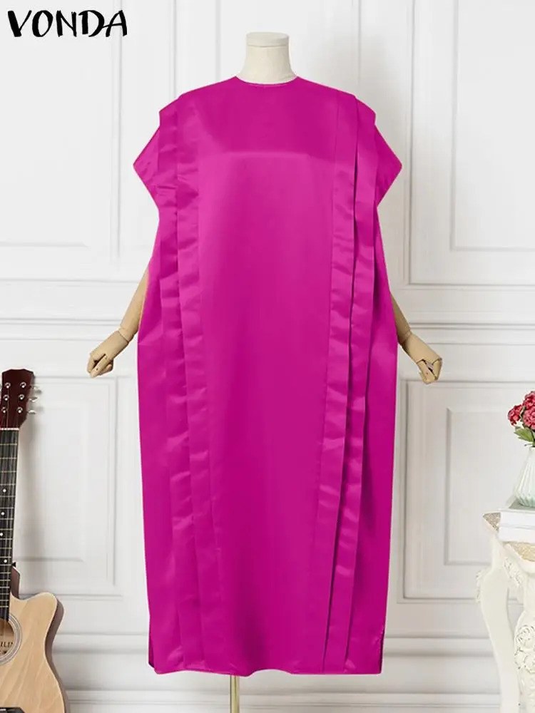 VONDA oversized womens long skirt elegant short sleeved pleated satin party dress casual loose solid color summer outfit 250320