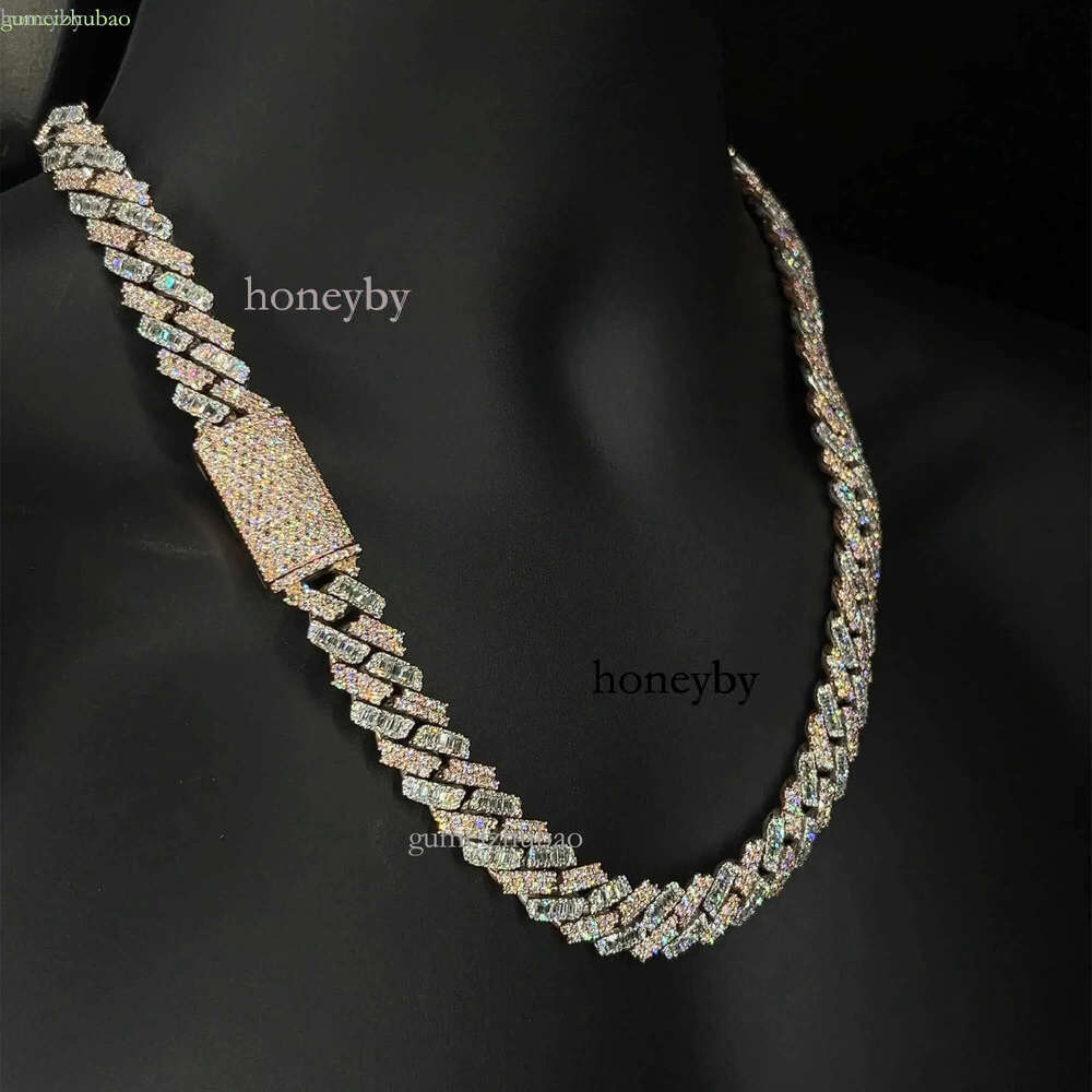 Kibo Iced Out Pure Sier Necklace Gra Vvs 15mm Two Tone Style Baguette and Round Cut Moissanite Cuban k Chain