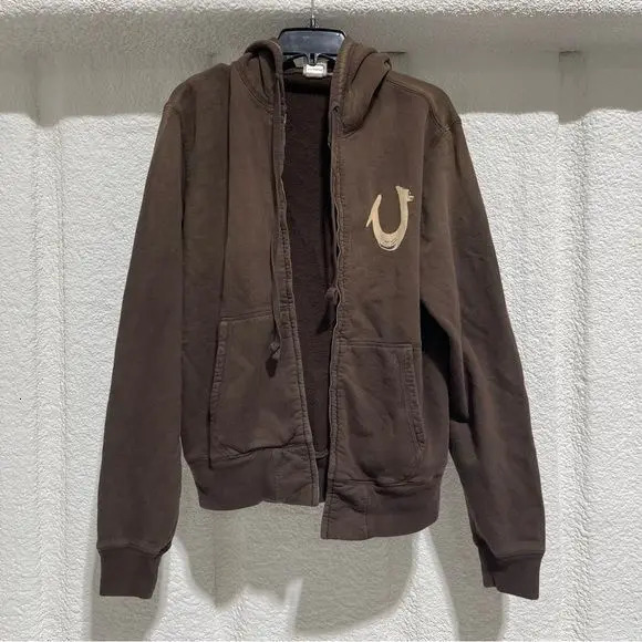 Y2K Brown Vintage Zipper Hoodie Tops Men Women Horseshoe Sweatshirts Harajuku Graphic Print Oversized Hoodies Clothing 250322