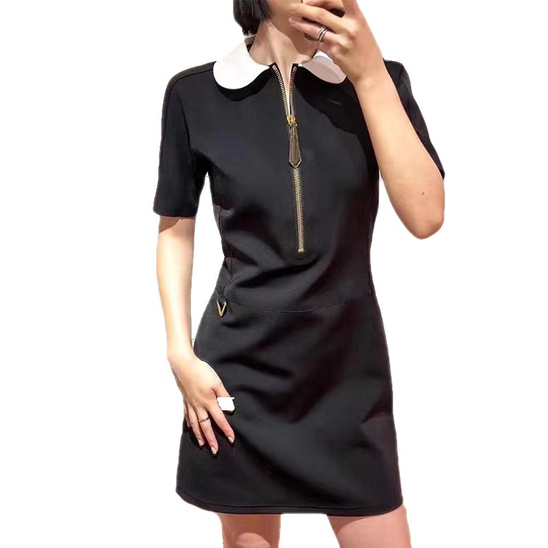 J32800 A5 Master Quality Short Sleeve Dress Women 2025 Summer Small French Temperament Commuter Waist Doll Collar A-line Midi Skirt