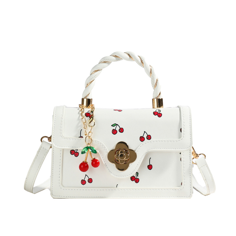 New lovely cherry print crossbody bag twist hand bag small square fresh color contrast design girl bag 2025